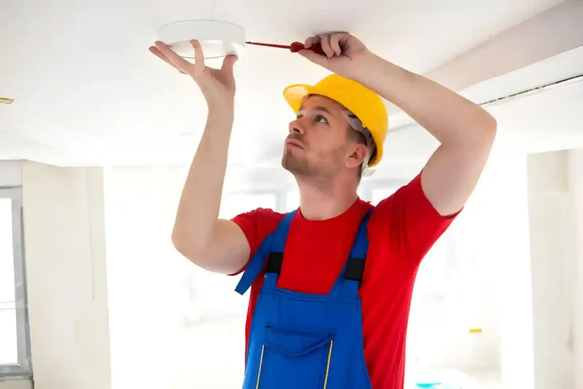 Fire detection and alarm system evaluation process showing inspection of alarm panel, smoke detectors, and system testing in a building.