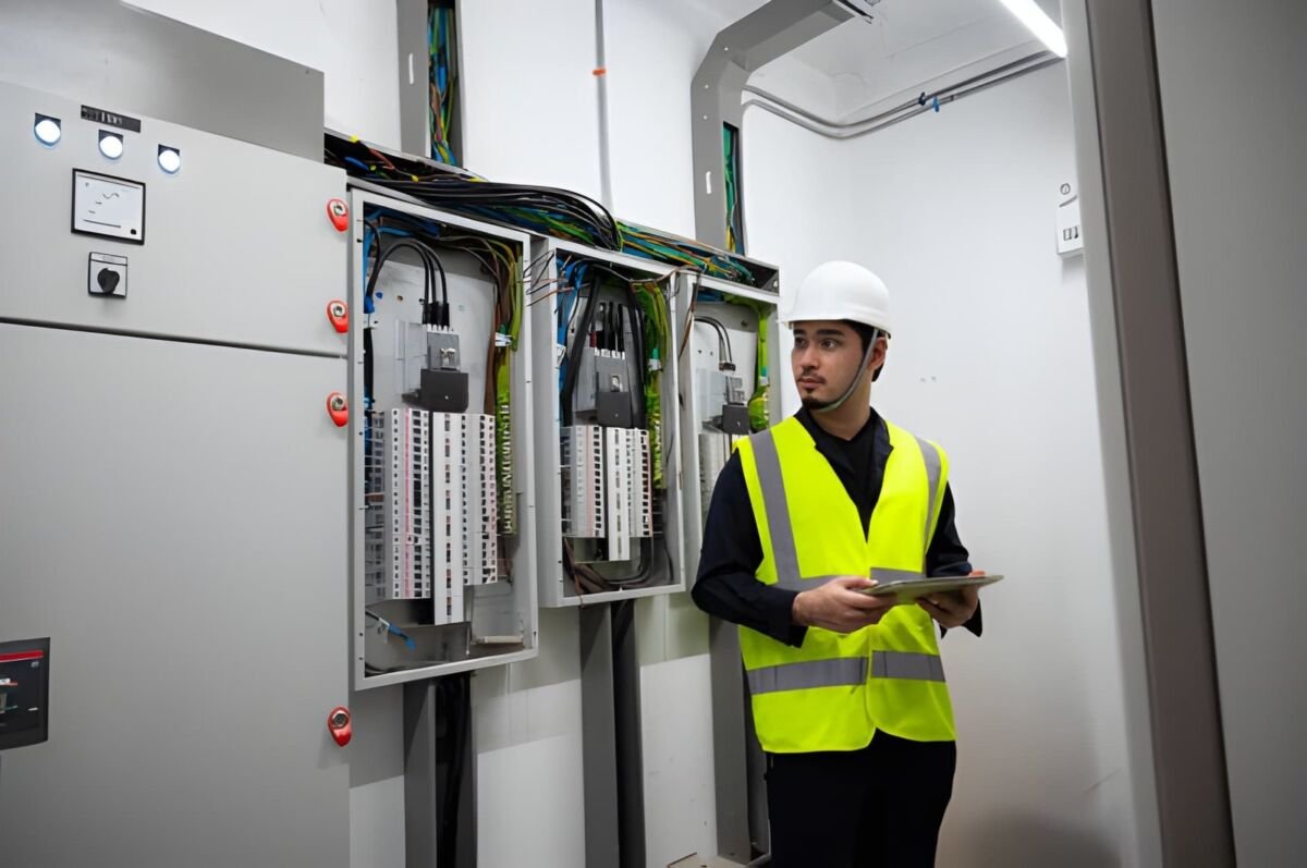 Electrician carrying out an EICR inspection on a residential fuse board in a rental property to ensure landlord electrical safety compliance.
