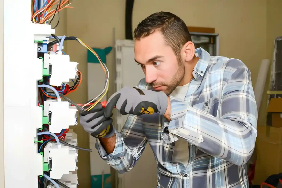 Technician inspecting and repairing electrical wiring for safety