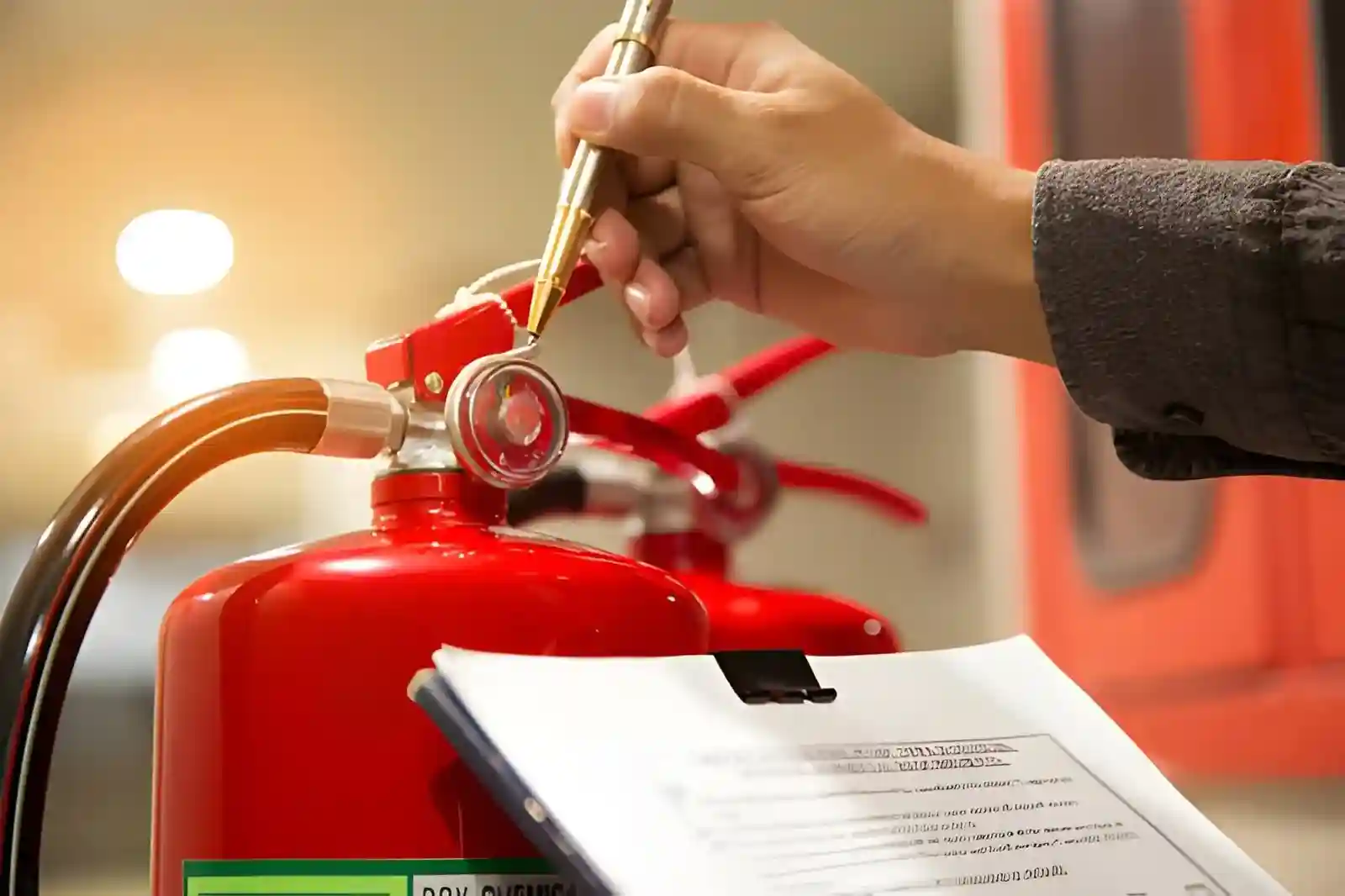 Technician inspecting fire extinguisher checks for safety compliance