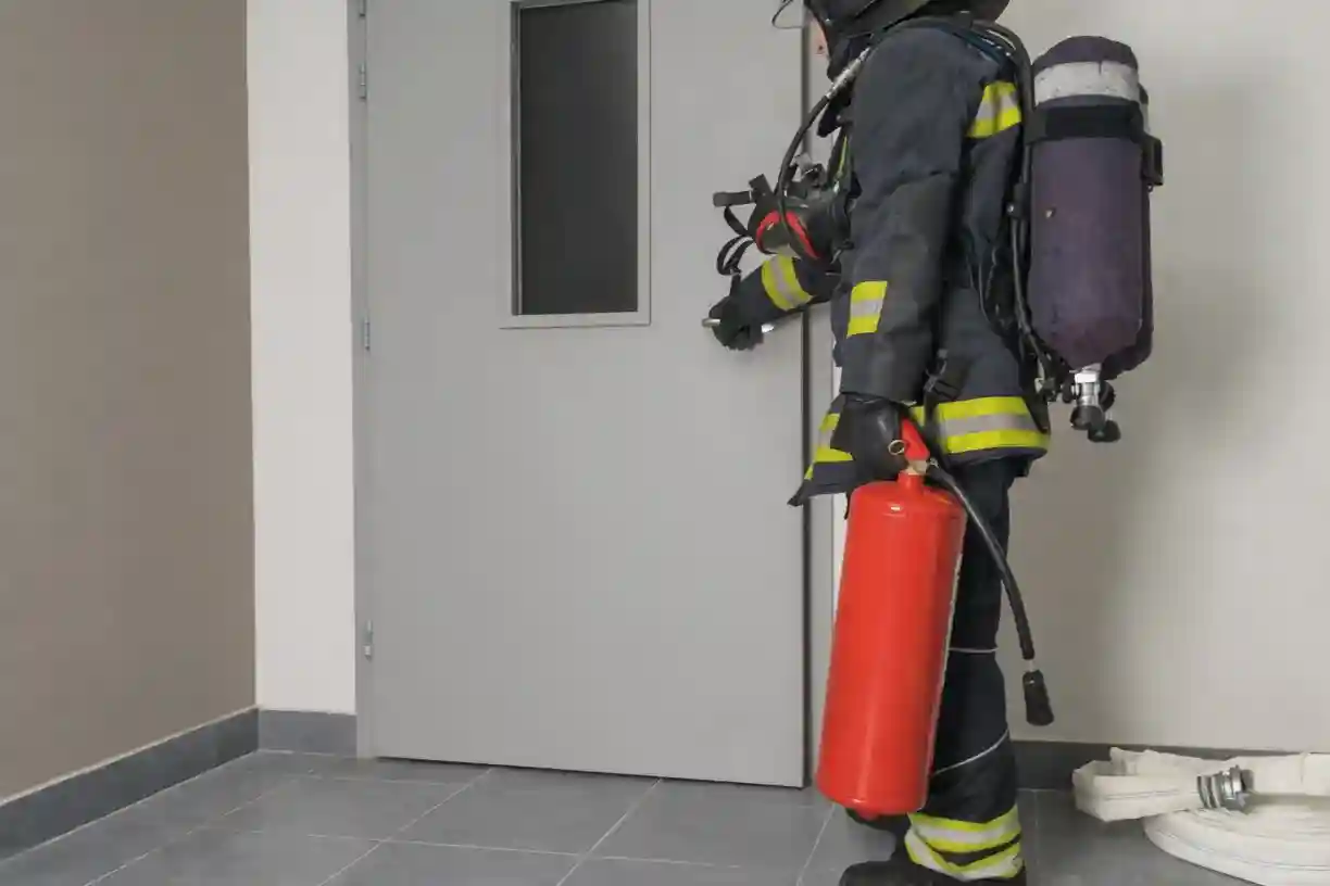 Inspector performing fire door testing for safety compliance.