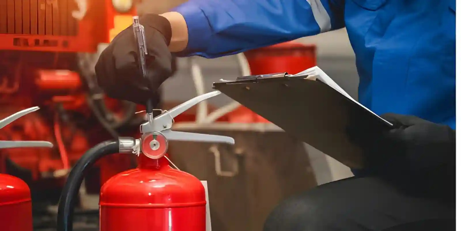 Fire extinguisher safety test equipment check in progress