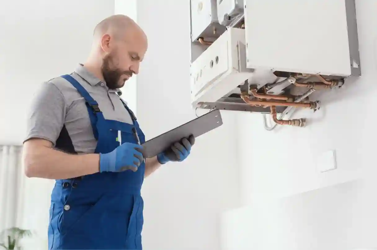 Gas Safety Certificate requirement inspection by a certified engineer checking a home boiler system for landlord compliance