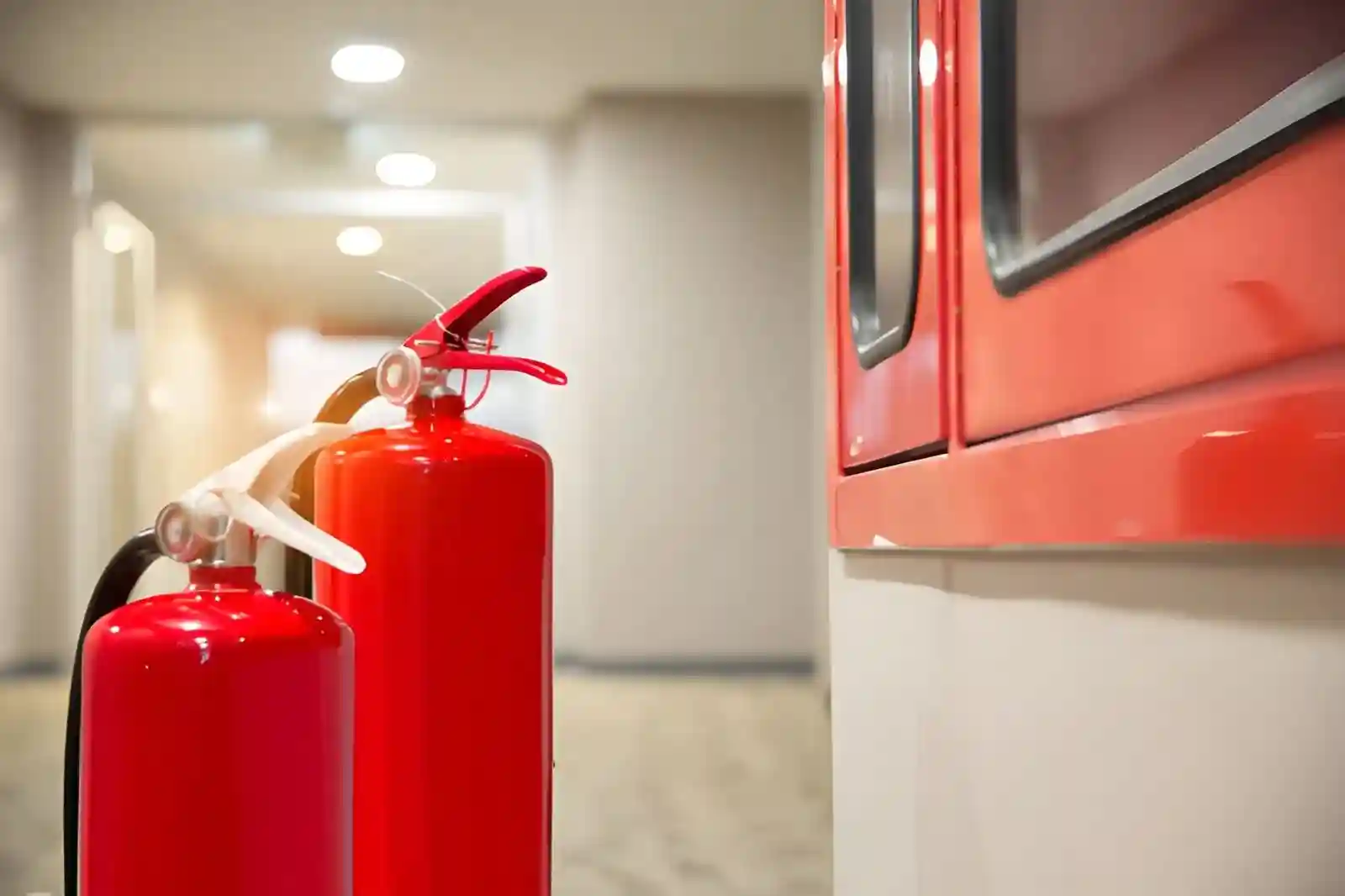 Technician checking fire extinguisher during inspection